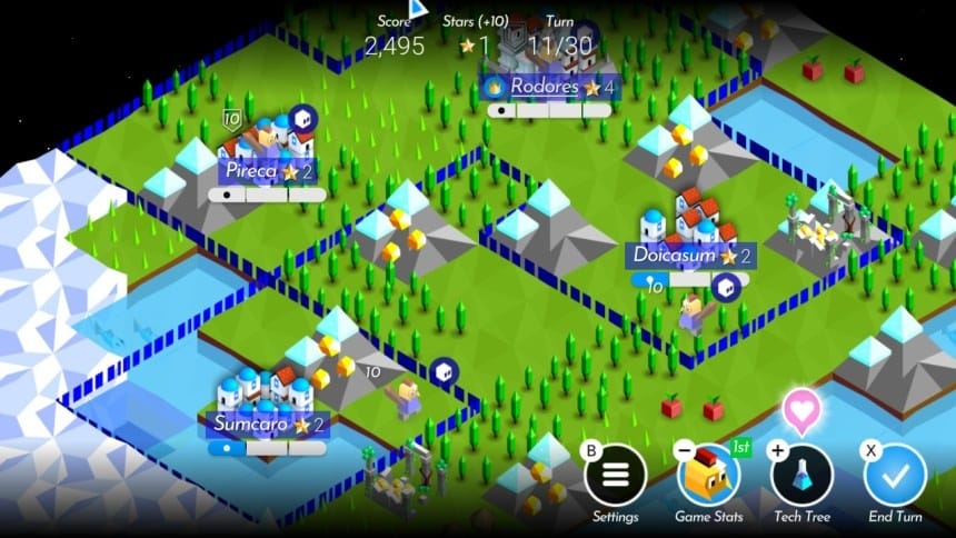 The Battle of Polytopia gameplay showing a tribe expanding across a tiled map within a turn limit