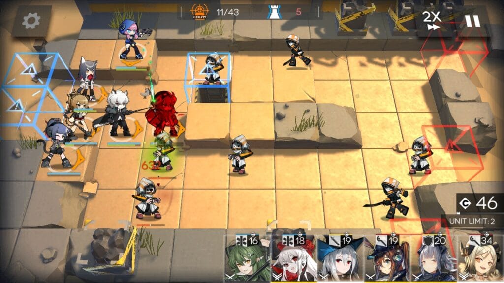 Arknights mobile tower defense gacha gameplay screenshot showing operators on a grid