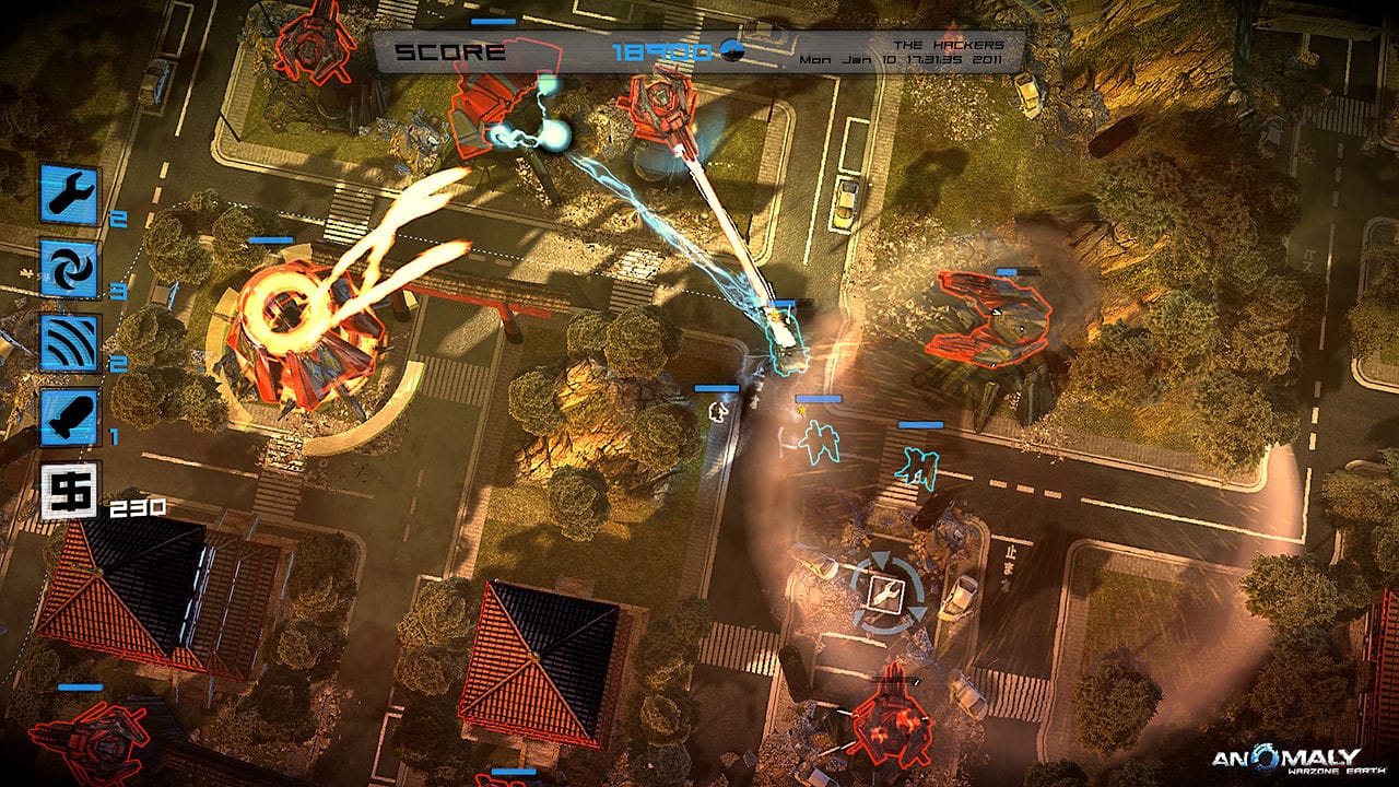 Anomaly: Warzone Earth gameplay showing the player routing an armored convoy past enemy turrets