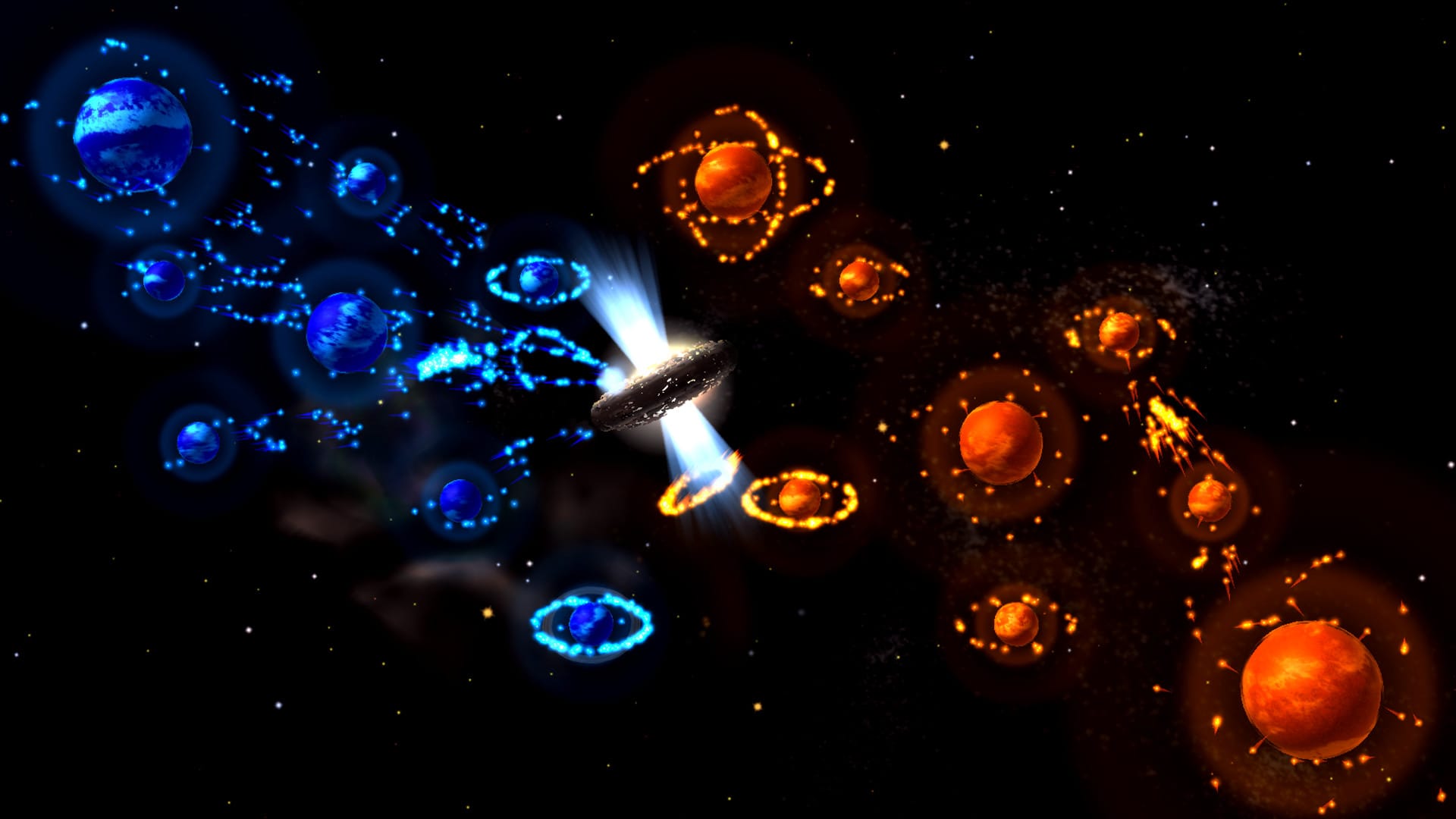 Auralux: Constellations gameplay showing glowing planets and unit streams in a minimalist RTS