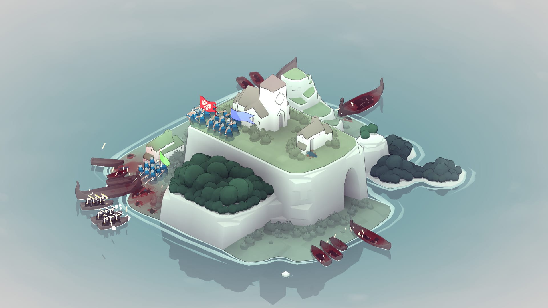 Bad North gameplay showing tiny defenders positioned on a procedurally generated island against Viking raiders