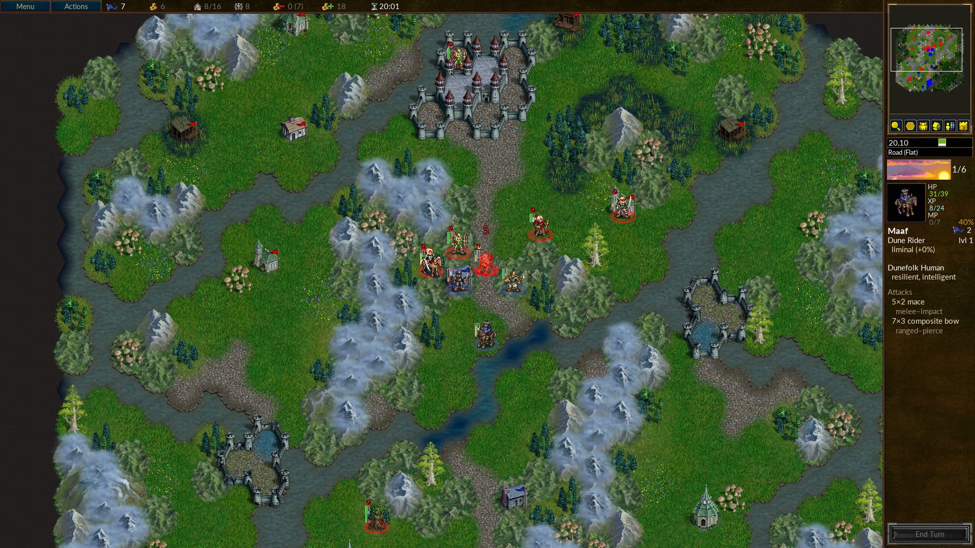 Battle for Wesnoth gameplay showing hex-based fantasy units fighting across a campaign map