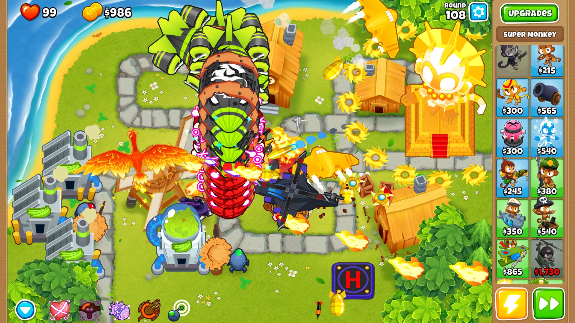 Bloons TD 6 late-game screenshot showing fully upgraded towers and a hero against tough bloons