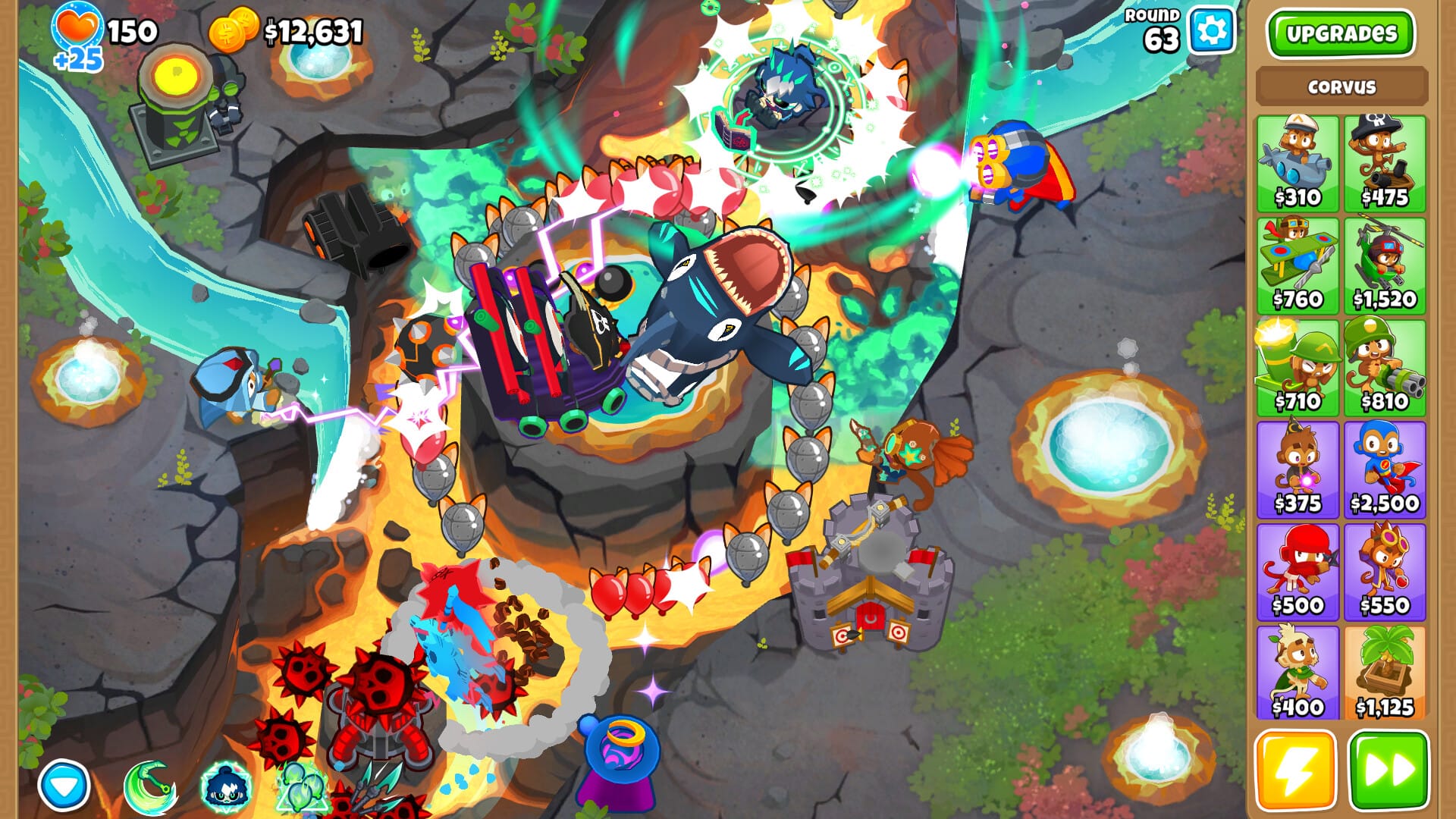 Bloons TD 6 gameplay showing monkey towers popping waves of bloons along a winding track