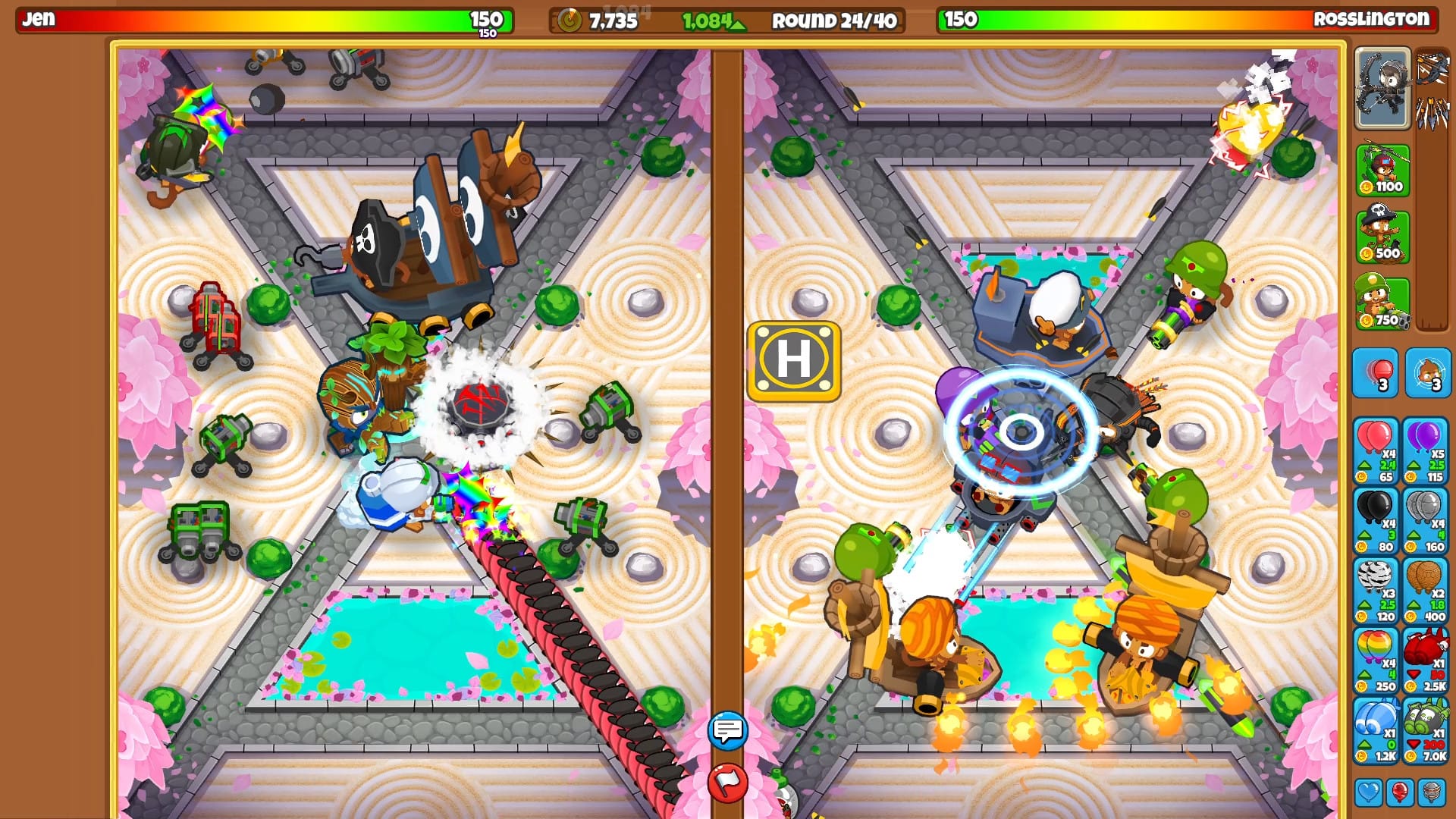 Bloons TD Battles 2 head-to-head match with monkey towers defending while sending bloons at an opponent
