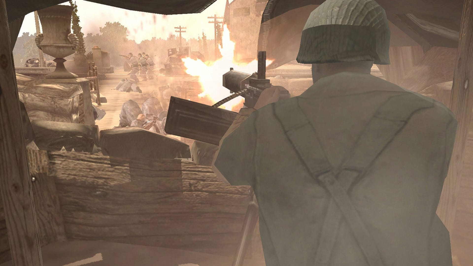 Company of Heroes gameplay showing squads taking cover in a war-torn WWII town