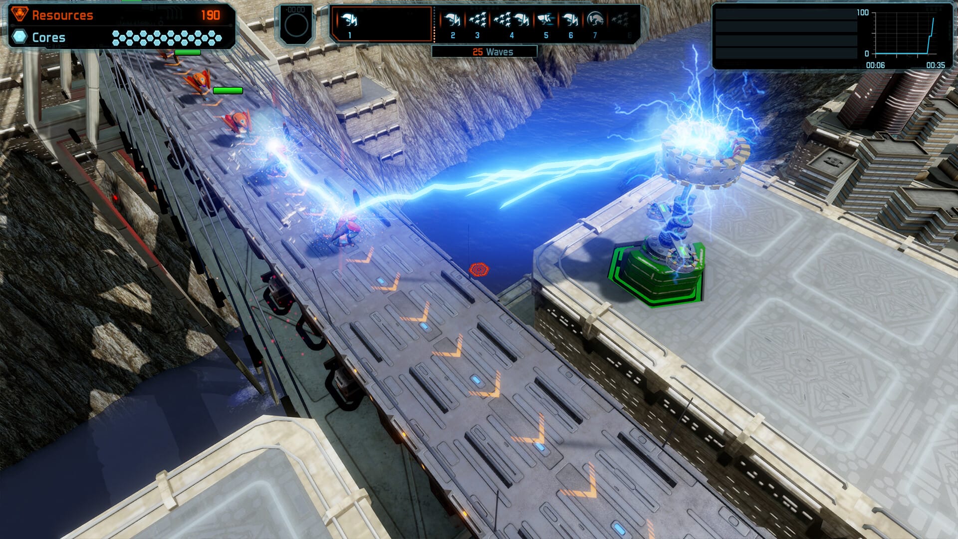 Defense Grid 2 gameplay showing sci-fi turrets defending a glowing power core from alien waves