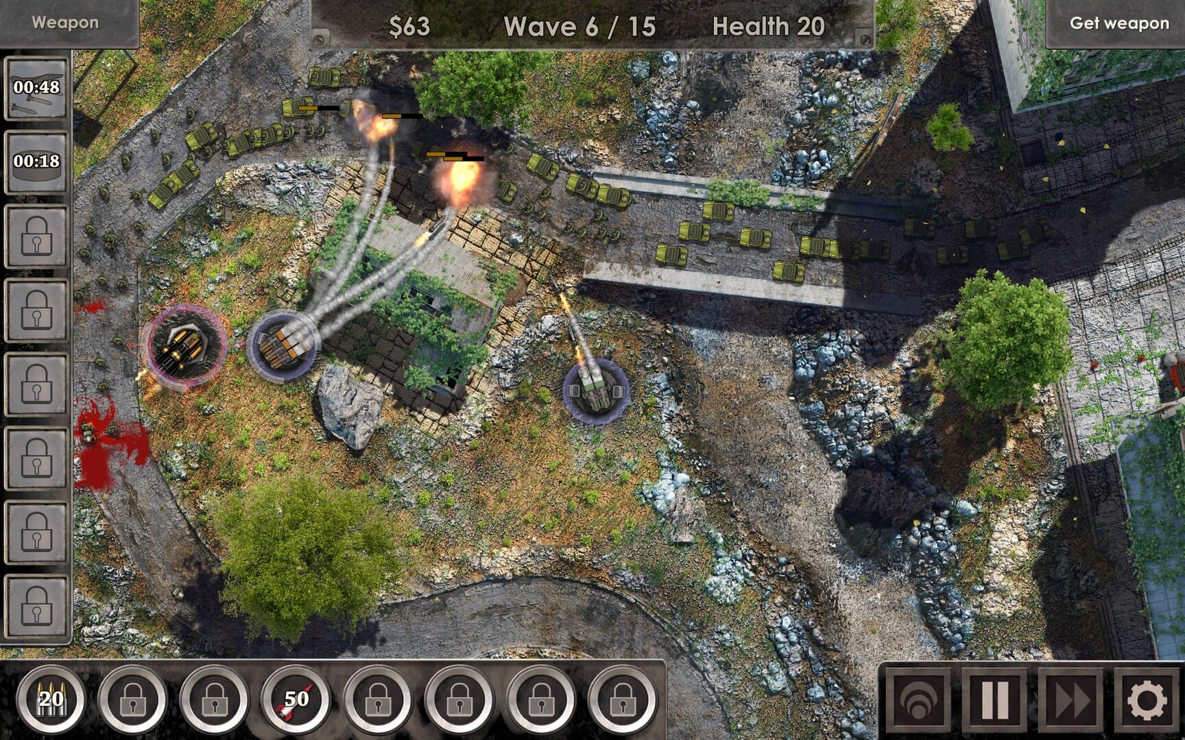Defense Zone 3 Ultra HD gameplay showing turrets defending a winding road against advancing enemy waves