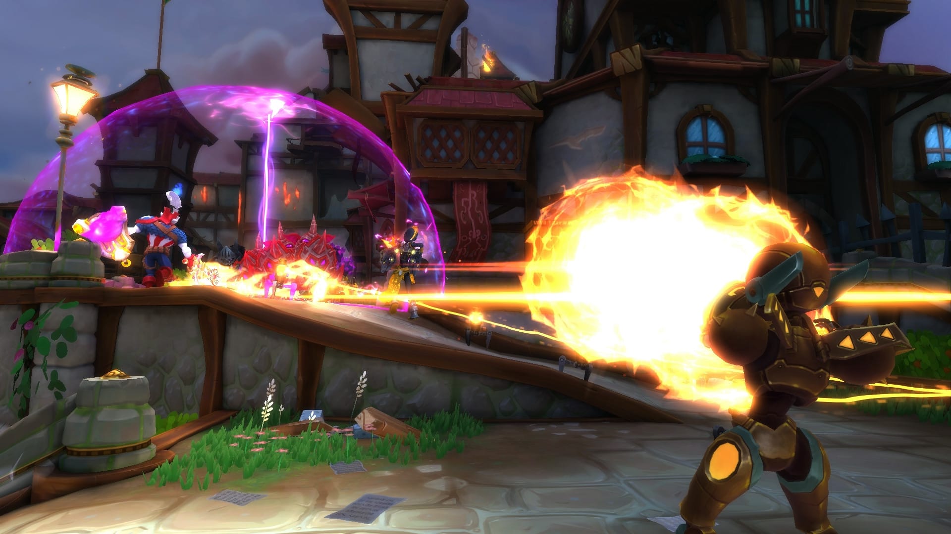Dungeon Defenders II co-op gameplay showing heroes building defenses around an Eternia Crystal