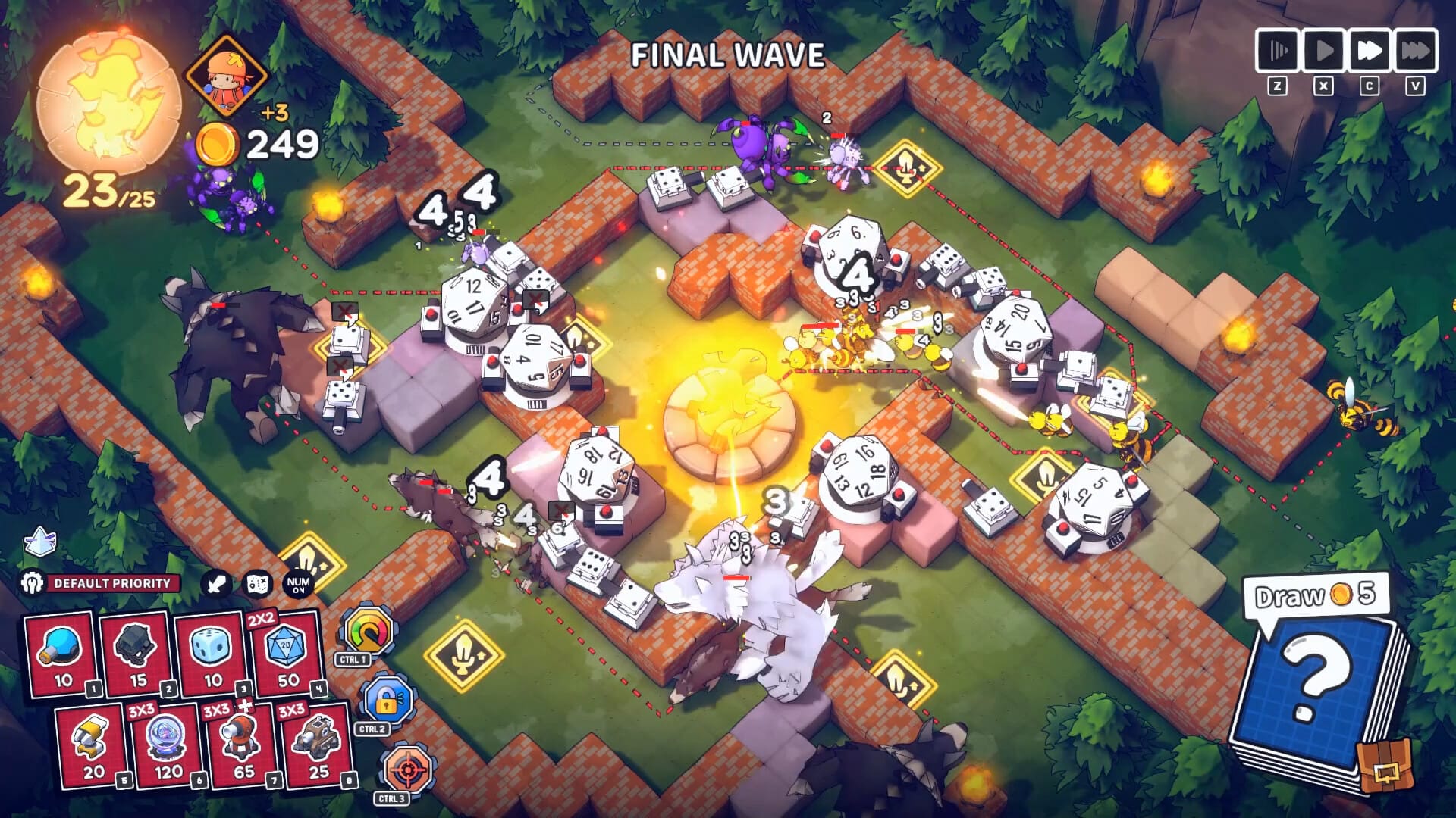 Emberward gameplay showing a maze of tetromino wall blocks and towers funneling enemies