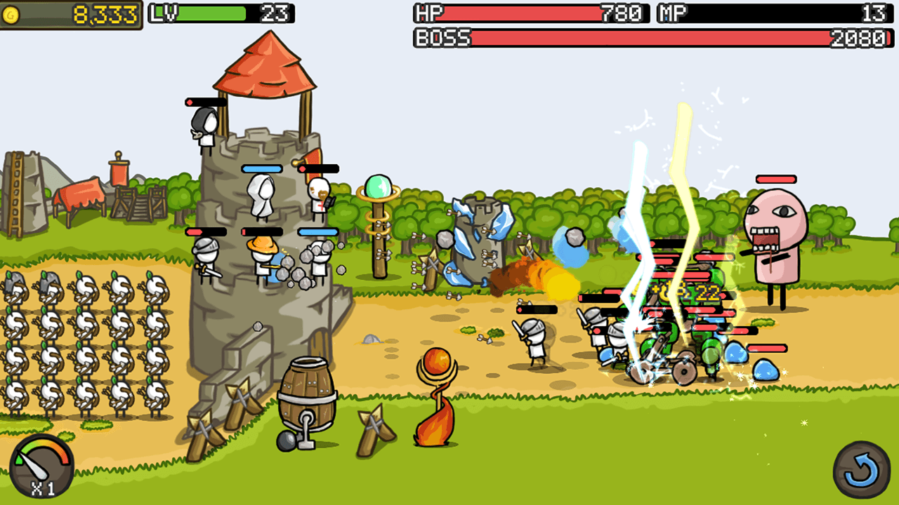 Grow Castle gameplay showing a castle tower defending against waves of monsters with stacked heroes