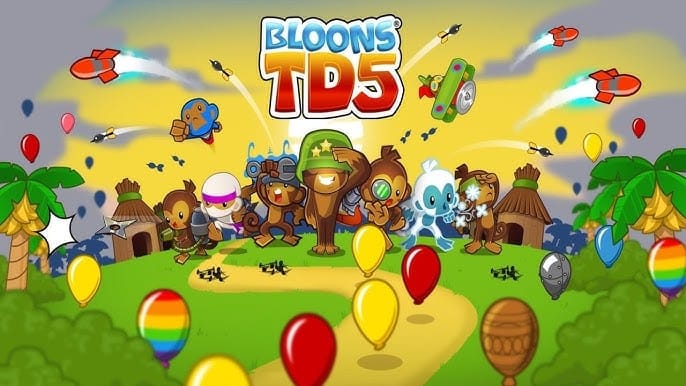 Bloons TD monkey towers popping waves of balloons along a track