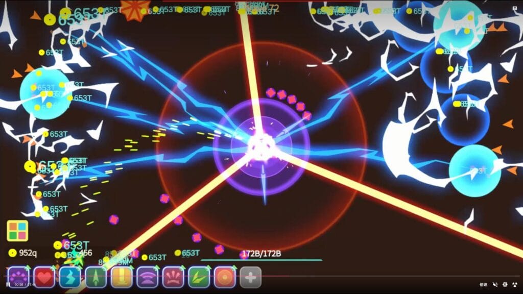 The Tower Idle Tower Defense gameplay showing the single central tower firing on a 360-degree wave of enemies