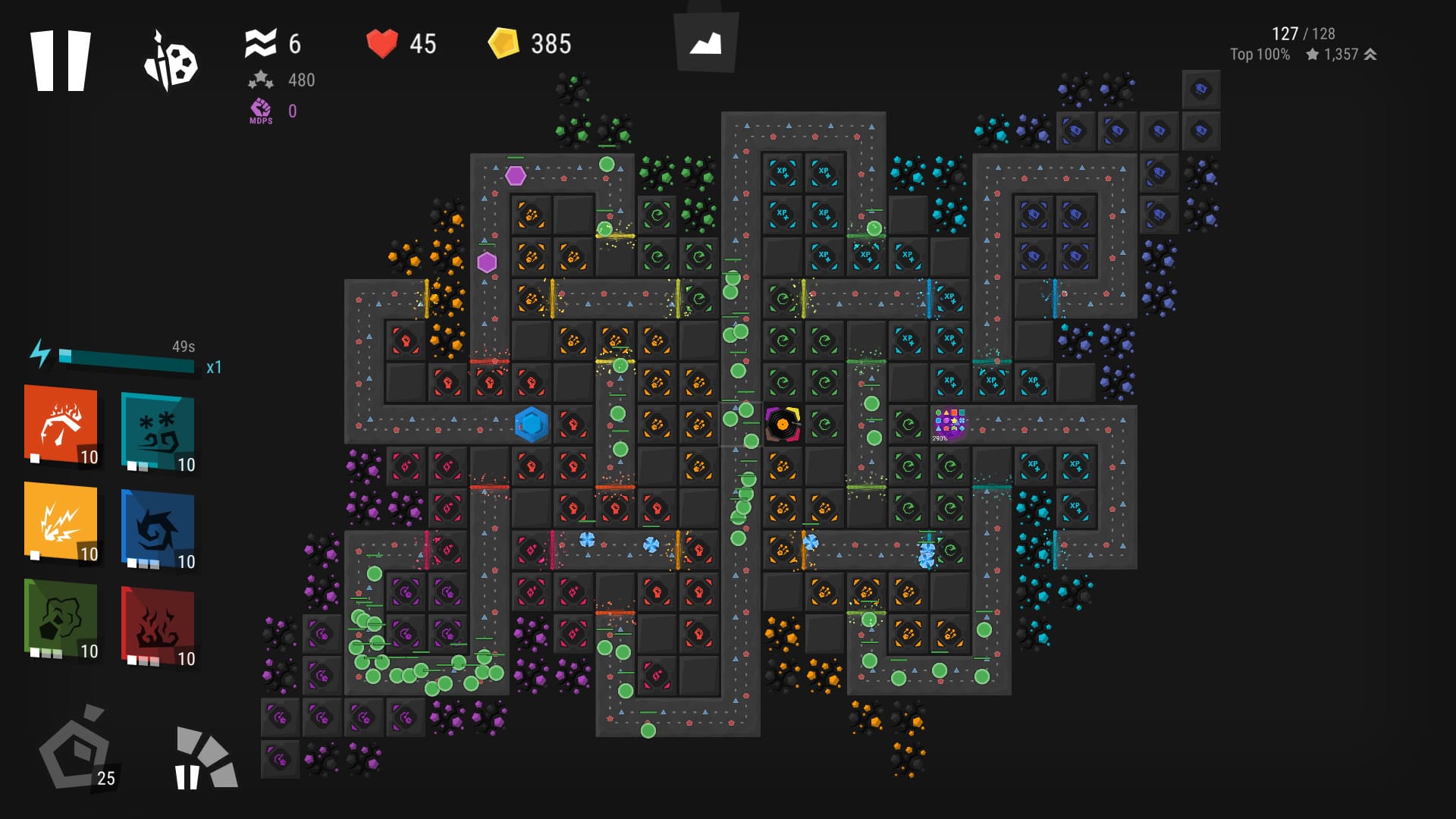 Infinitode 2 gameplay showing branching maze paths and resource miners