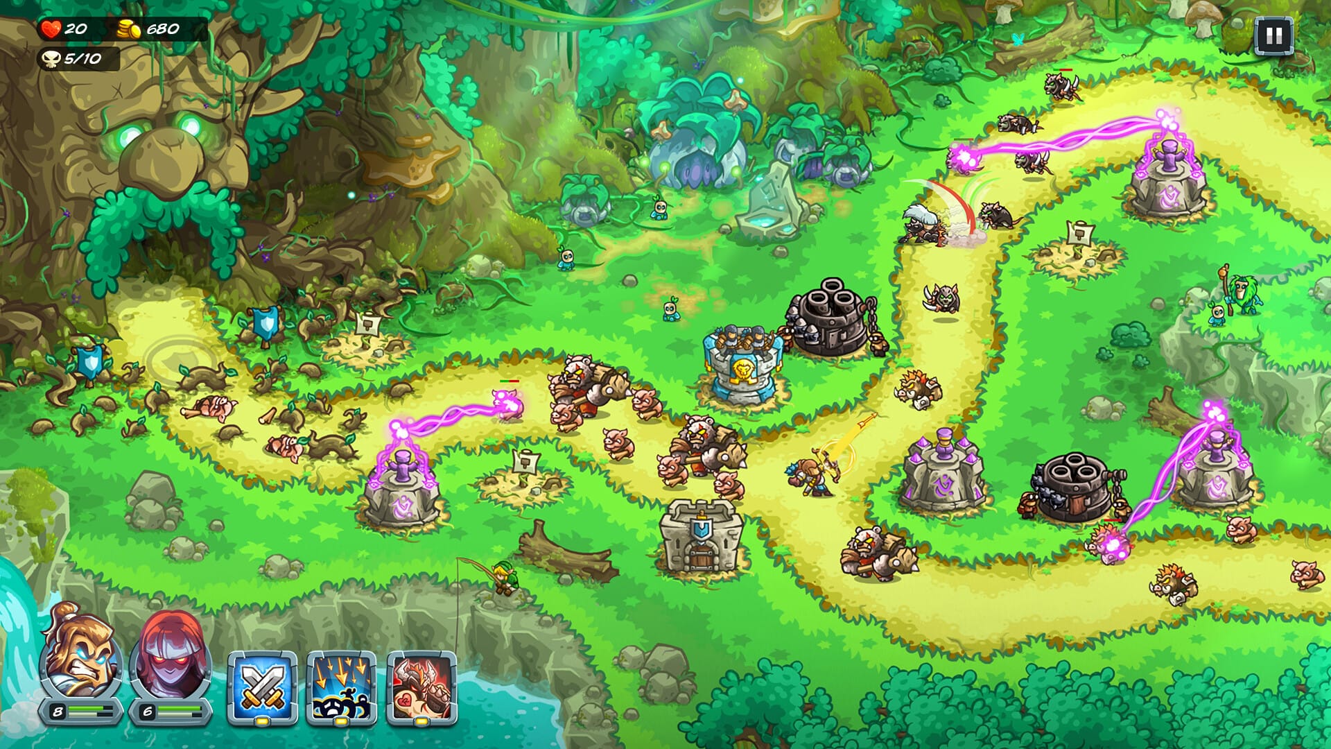 Kingdom Rush gameplay showing fixed-path lane defense against a wave of enemies