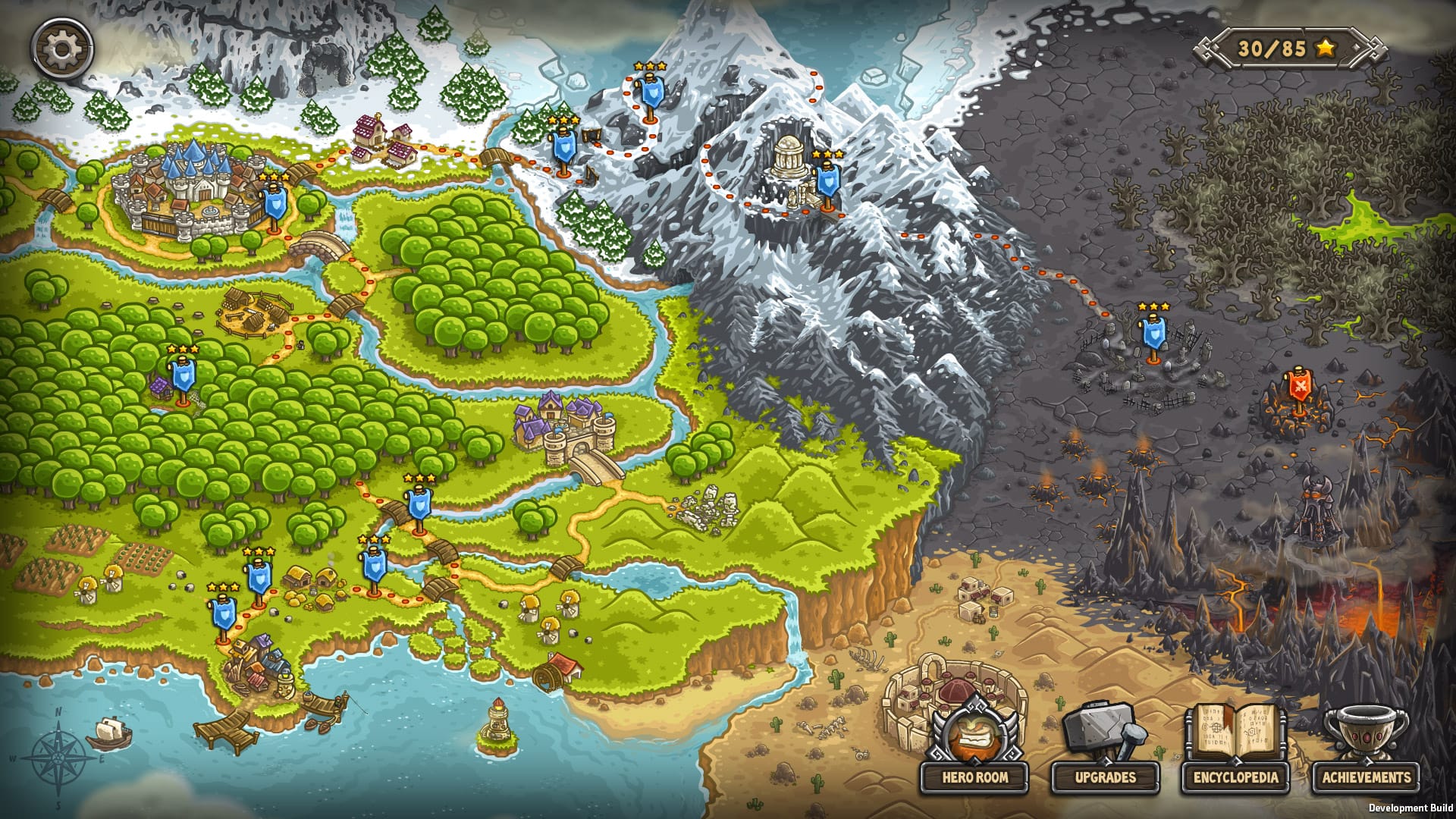 Kingdom Rush gameplay showing towers defending a winding path against orcs and trolls