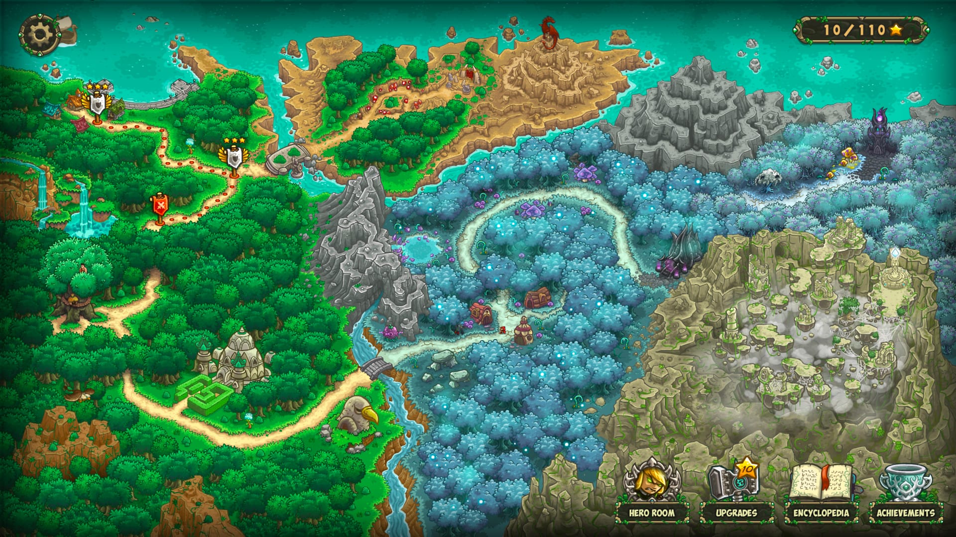 Kingdom Rush Origins gameplay showing elven towers defending a mystical forest lane