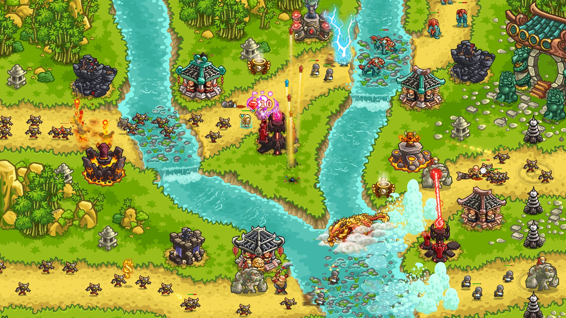 Kingdom Rush Vengeance gameplay showing Vez'nan's dark army defending against the kingdom's heroes