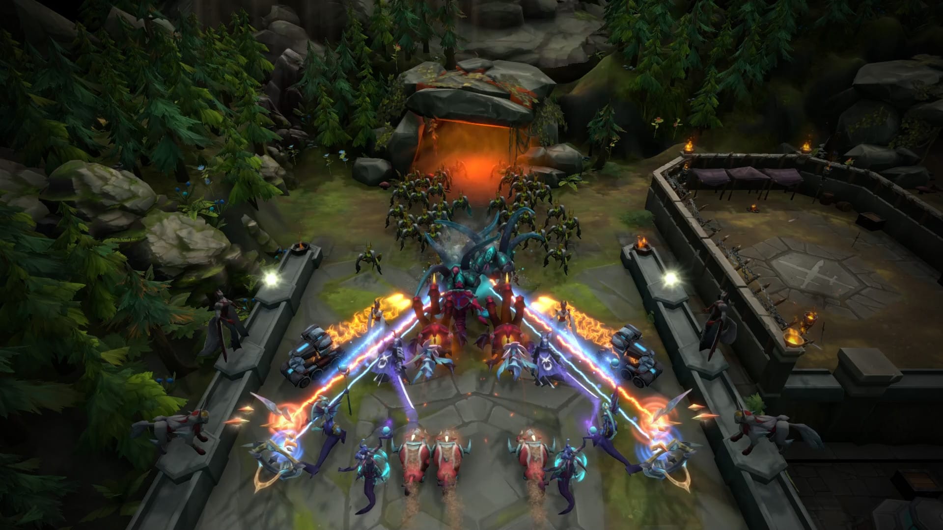 Legion TD 2 gameplay showing fighters defending a lane against waves in a competitive match