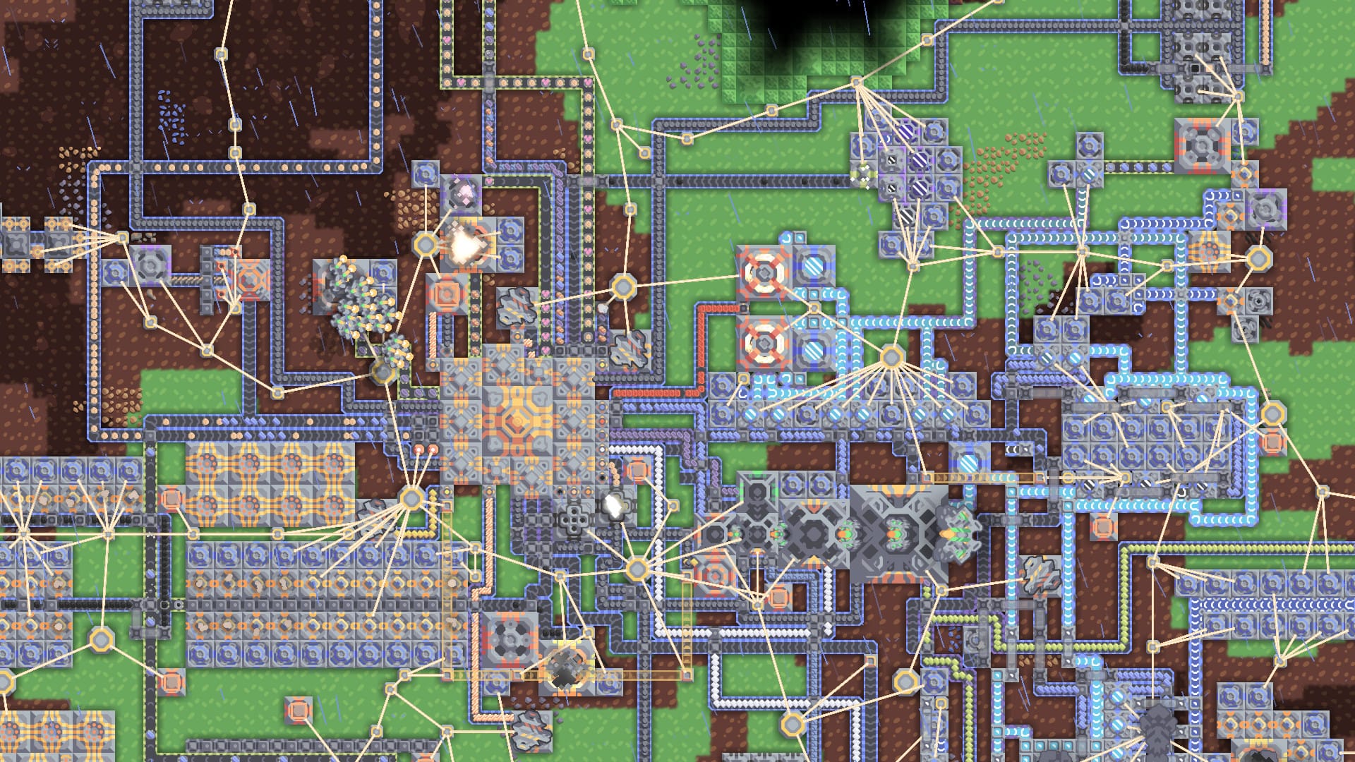 Mindustry gameplay showing conveyor belts feeding ammo to turrets defending a base