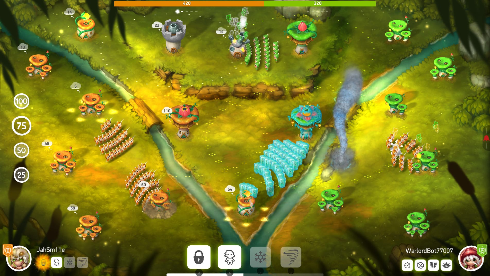 Mushroom Wars 2 gameplay showing mushroom bases connected by troop streams on a node map