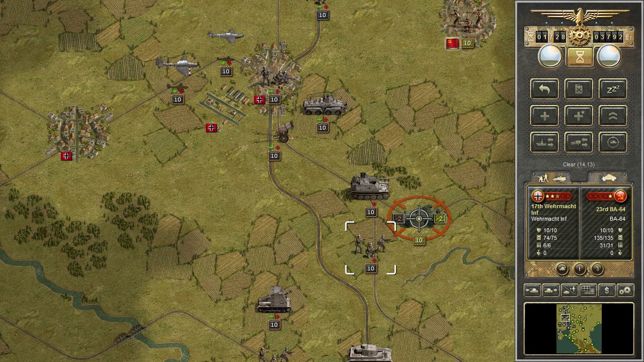 Panzer Corps gameplay showing turn-based WWII units advancing across a hex battlefield