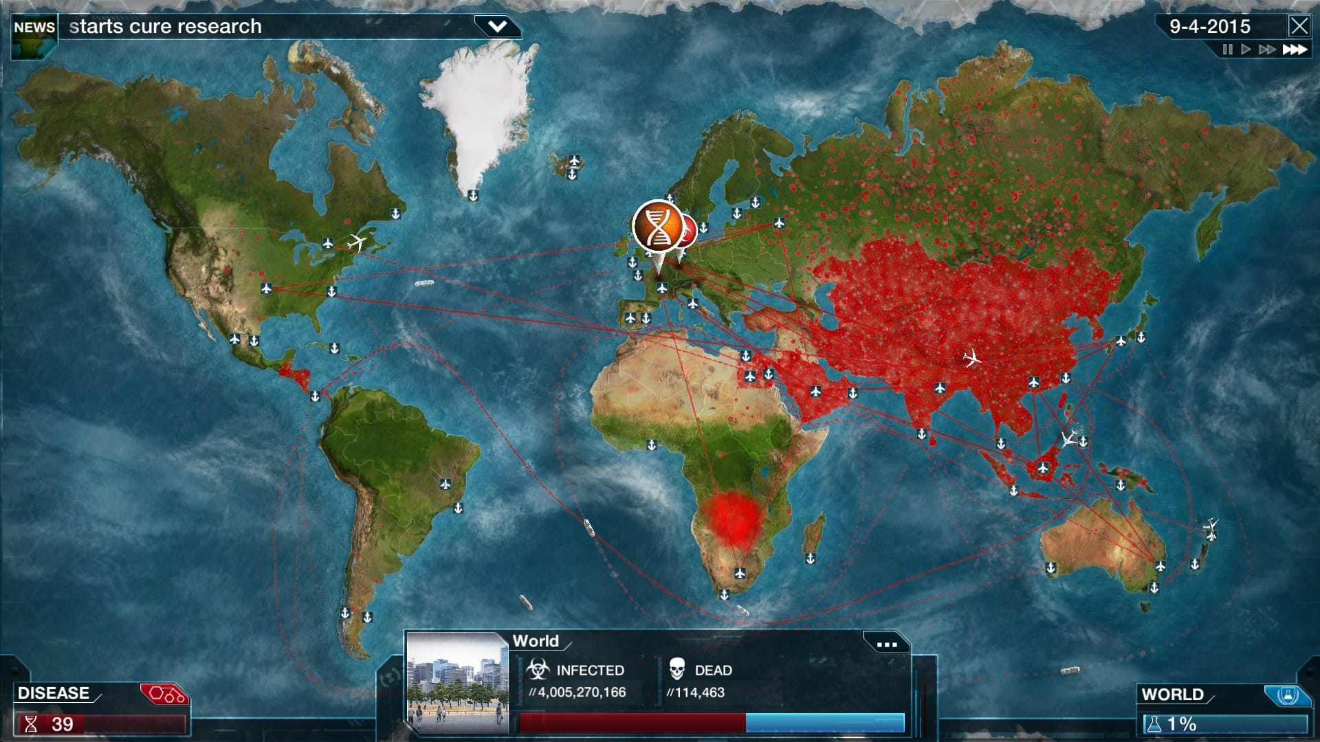 Plague Inc gameplay showing the world infection map with disease spread and DNA evolution menus