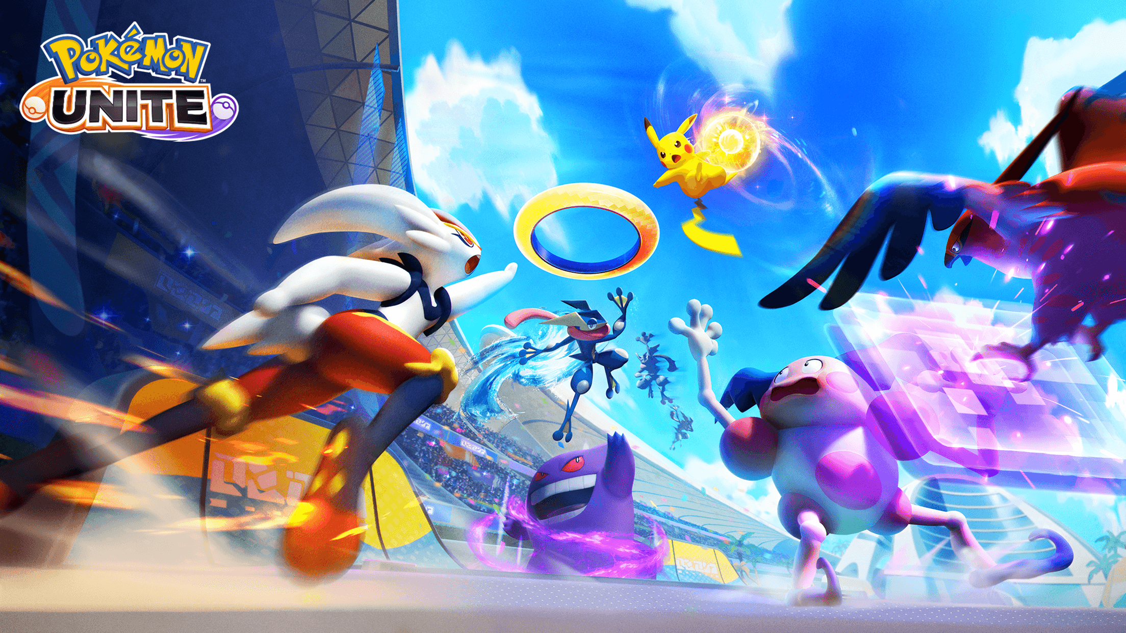 Pokemon UNITE key visual showing Pokemon in MOBA team battle