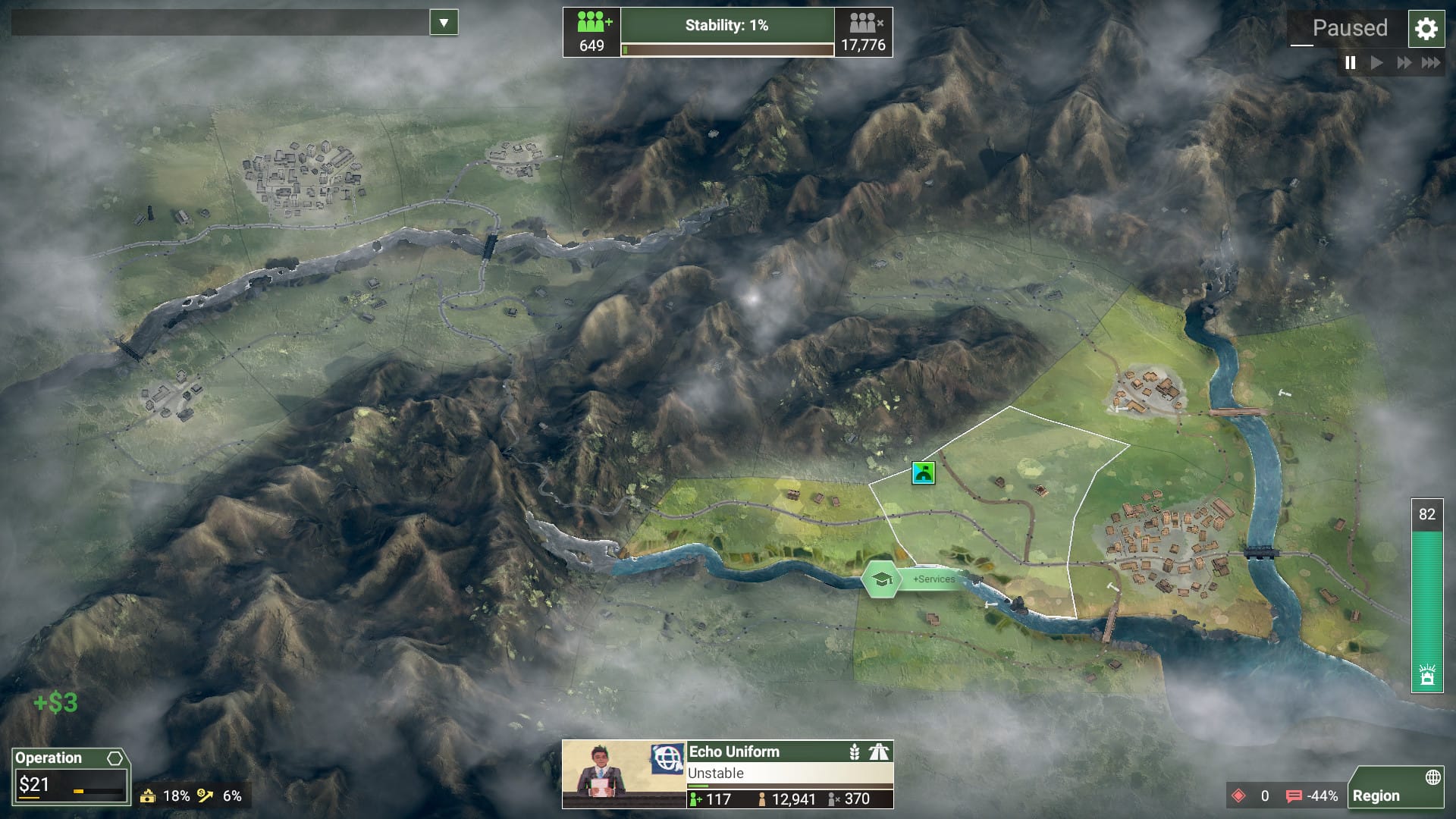 Rebel Inc gameplay showing a 3D region map with civilian and military priorities to balance