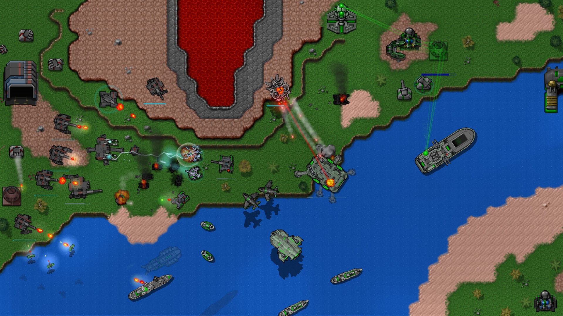 Rusted Warfare gameplay showing a large classic-style RTS battle with many units on screen