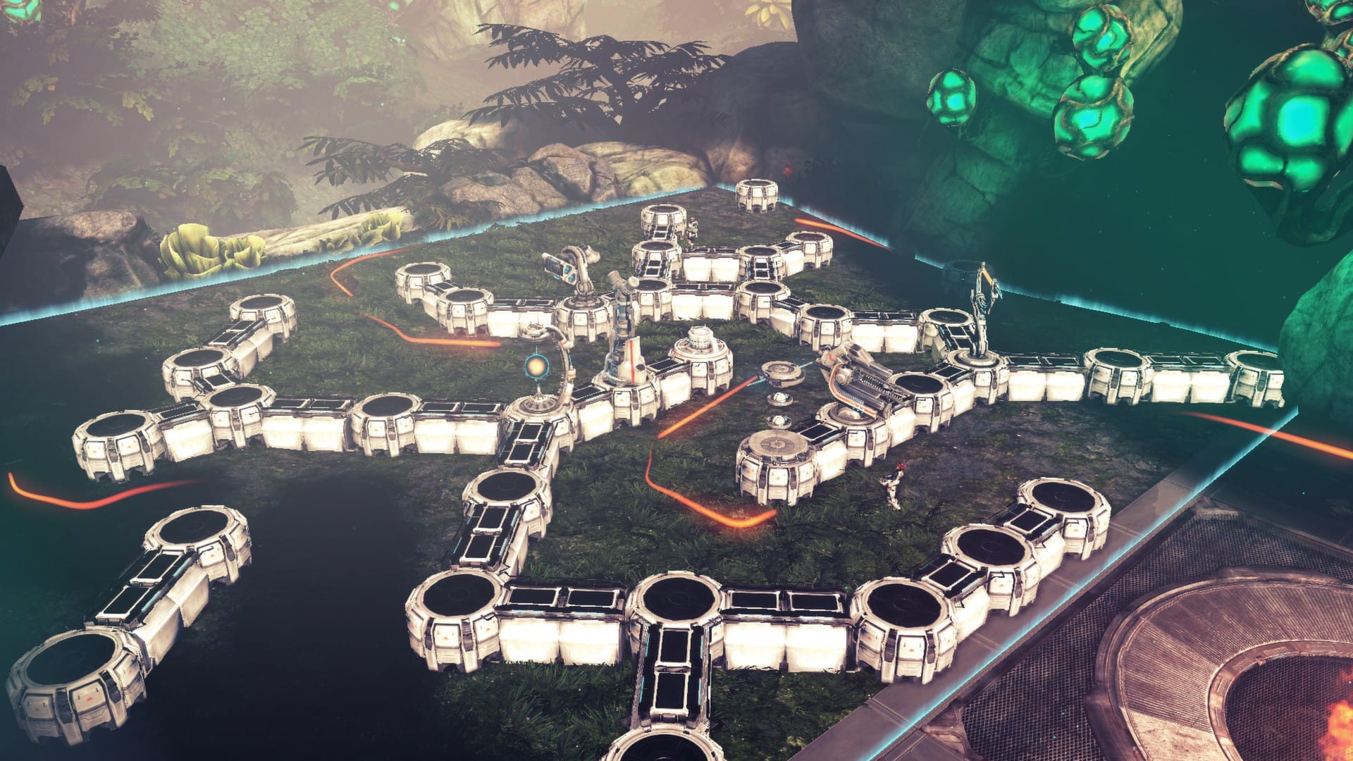 Sanctum 2 gameplay showing a player shooting aliens inside a tower maze defending the cores