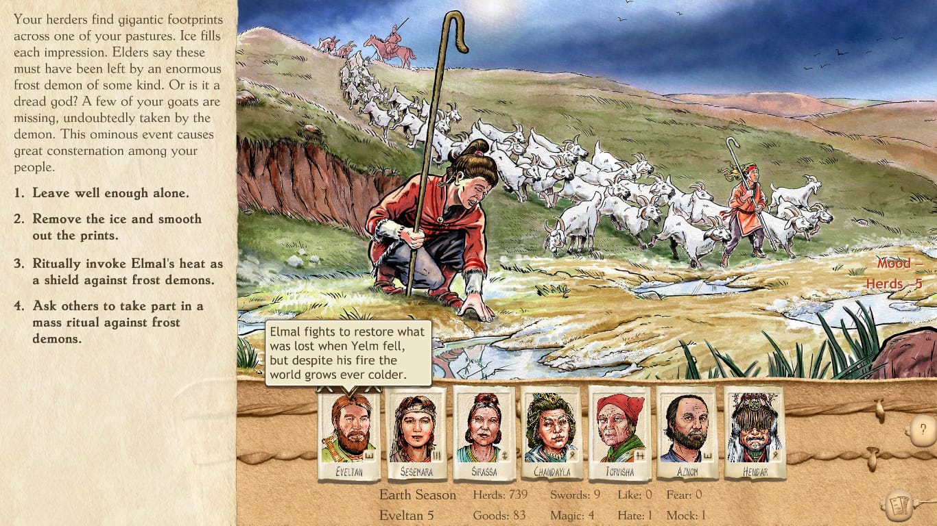 Six Ages: Ride Like the Wind showing a hand-painted story scene with clan decision options