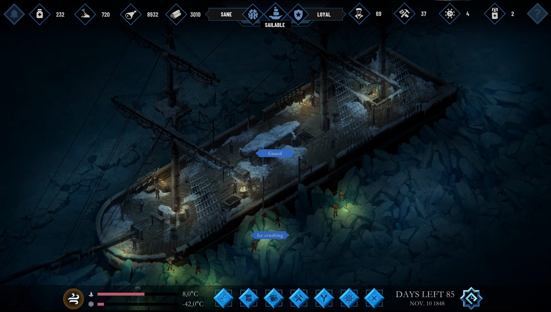 Terror: Endless Night gameplay showing a ship trapped in Arctic ice