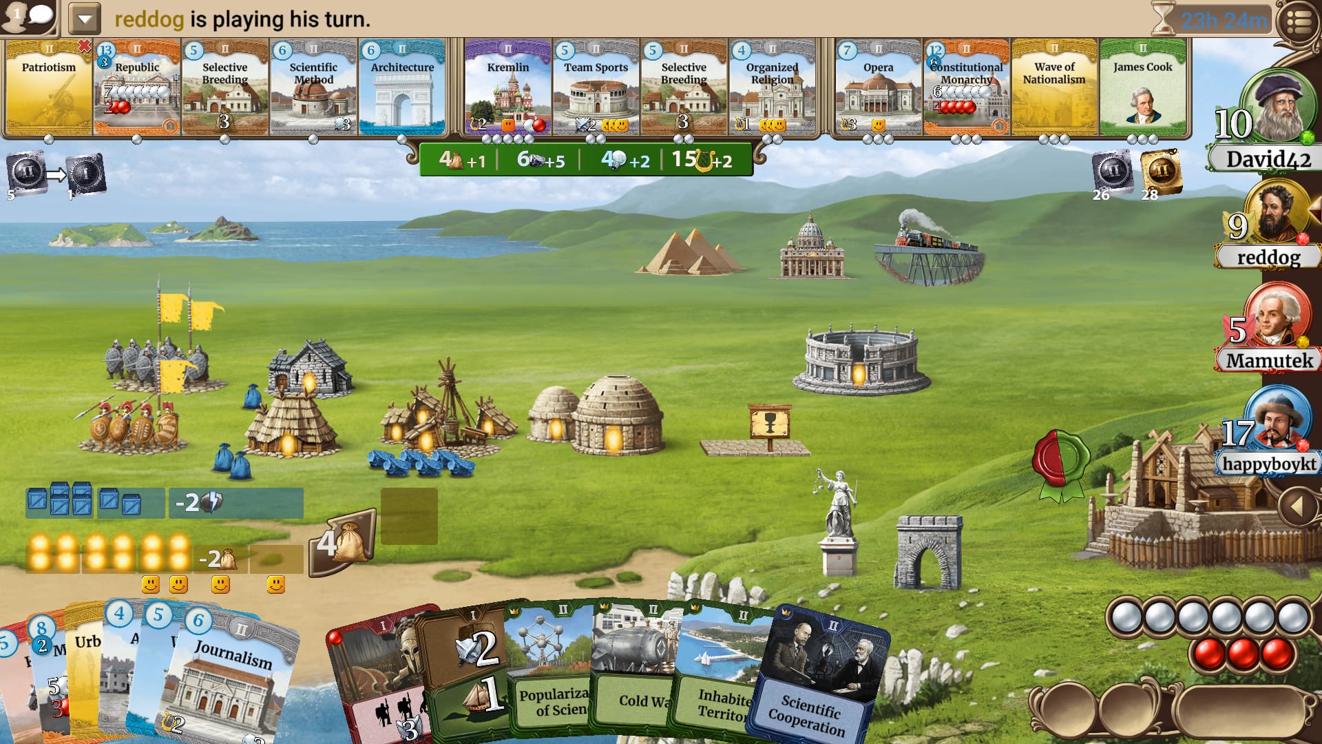 Through the Ages digital board game showing the civilization card tableau and resource tracks