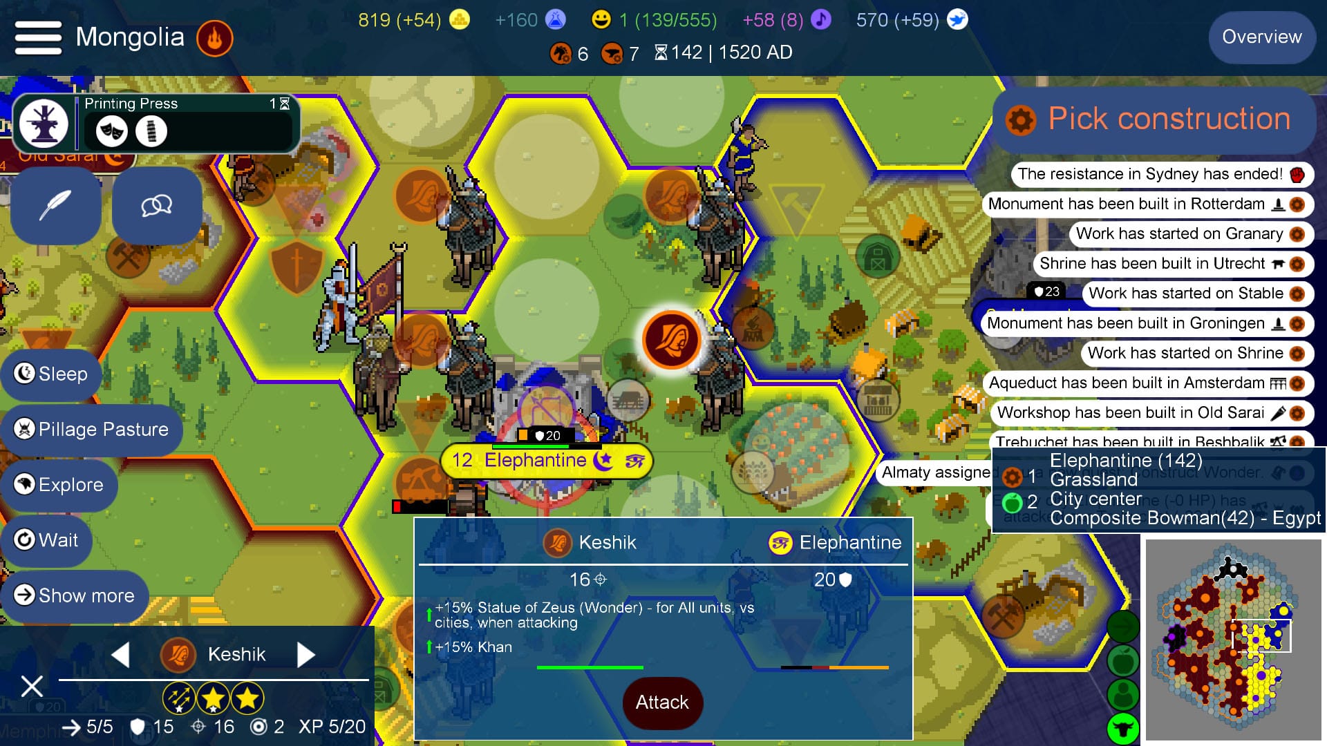 Unciv gameplay showing a hex map with cities and units in the open-source Civilization V remake