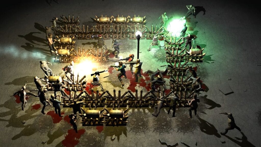 Yet Another Zombie Defense HD top-down gameplay showing turrets and barricades mowing down a zombie horde