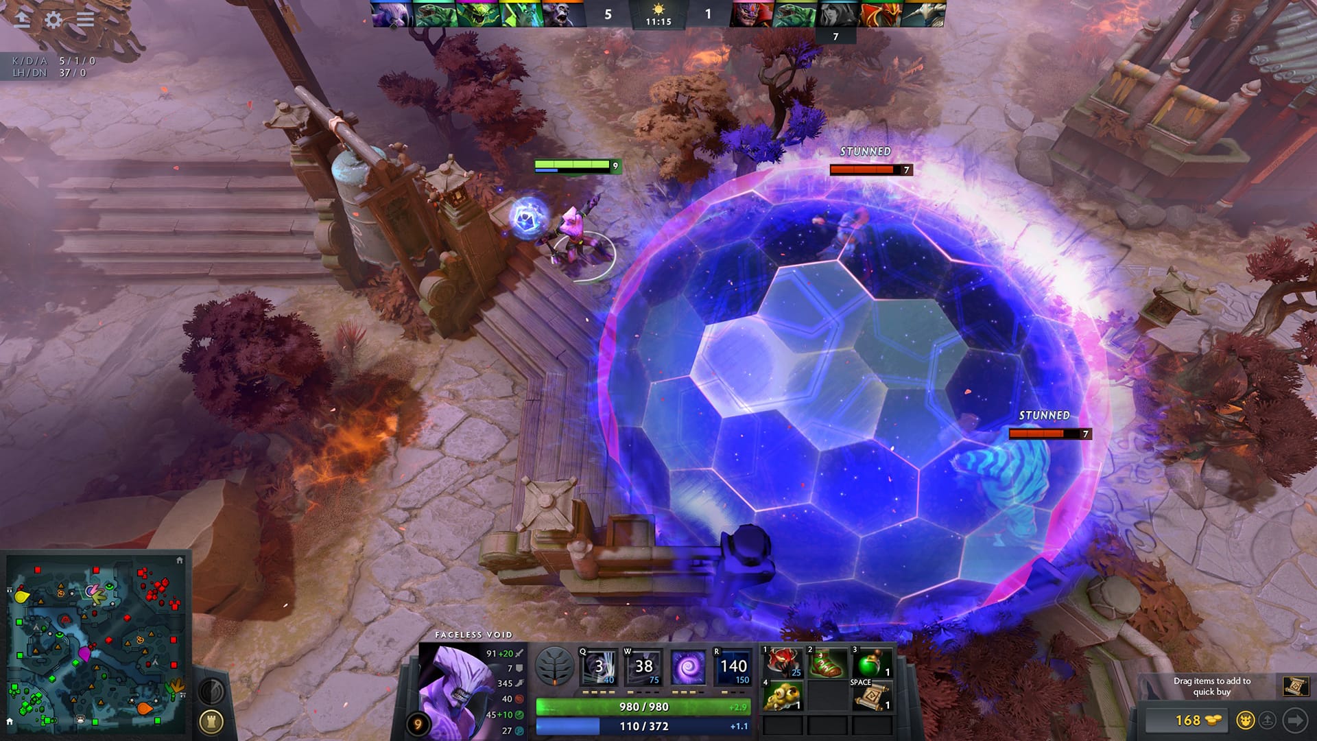 Dota 2 teamfight near a tower with heroes casting abilities down a lane
