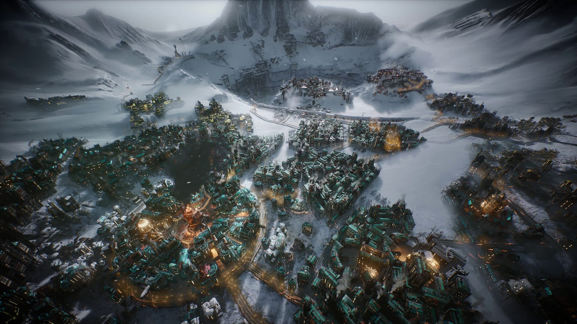 Frostpunk 2 city sprawling across a frozen wasteland with districts, heat zones, and resource buildings