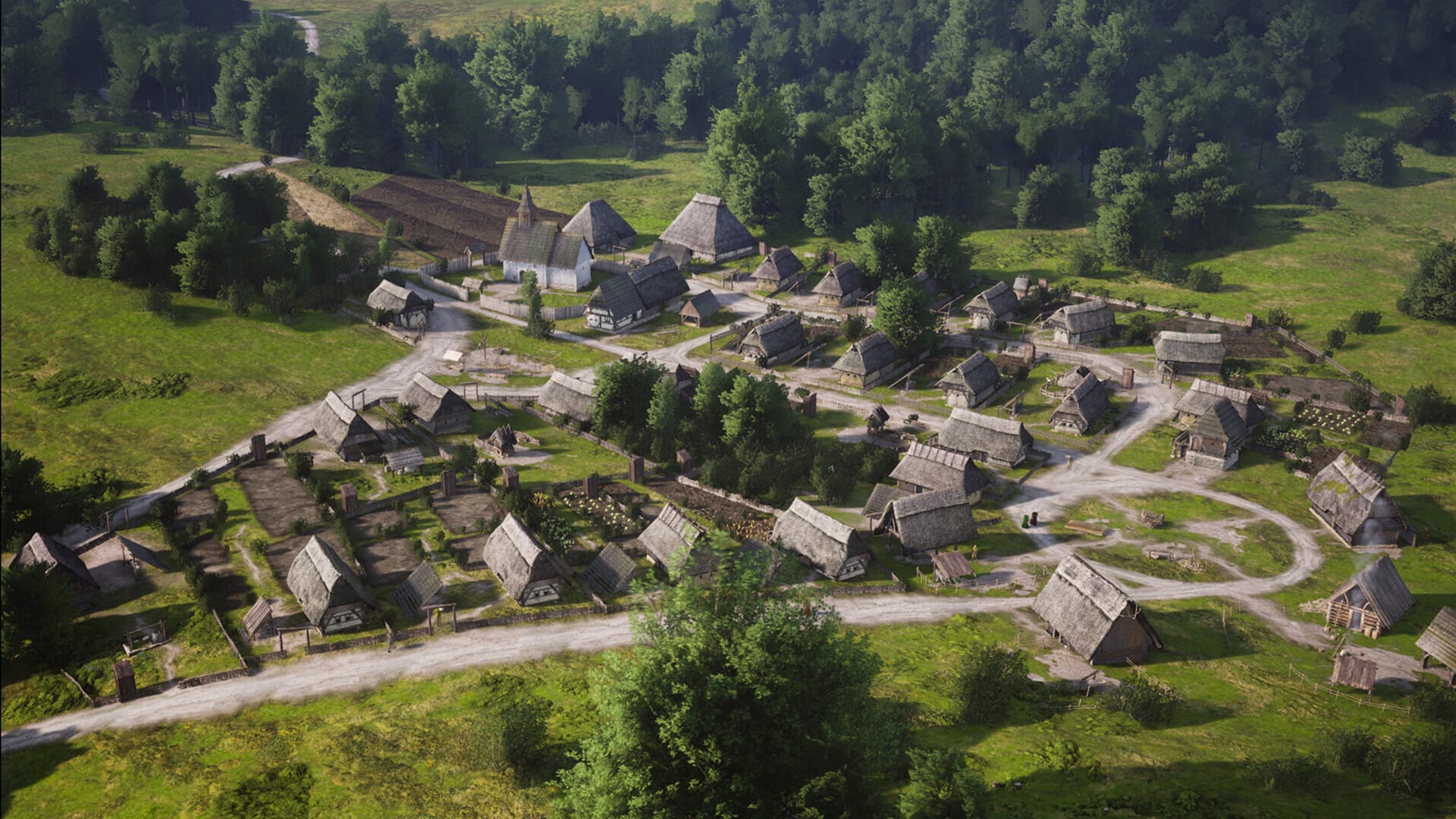 Manor Lords medieval town with burgage plots, fields, and a central market spreading across the landscape