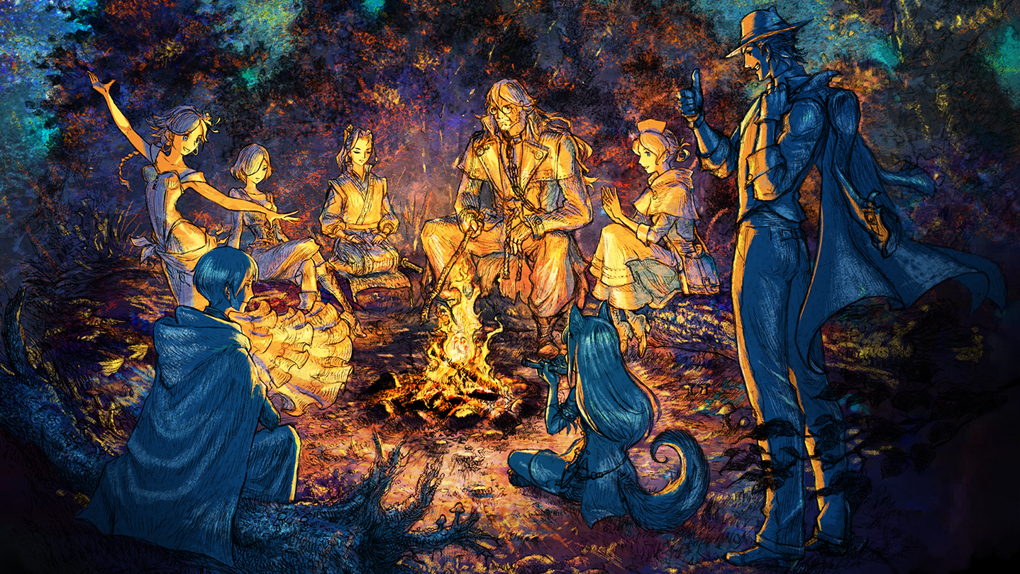 Octopath Traveler II artwork showing the HD-2D world and the eight travelers from the Switch JRPG