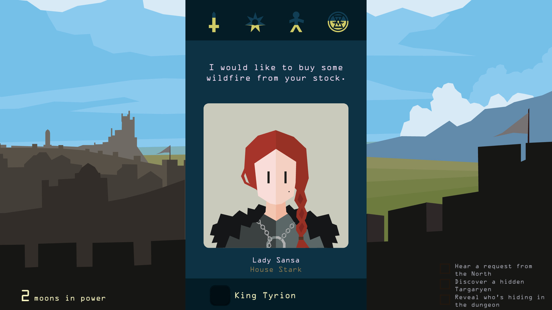 Reigns Game of Thrones card interface showing a ruling decision and four resource meters
