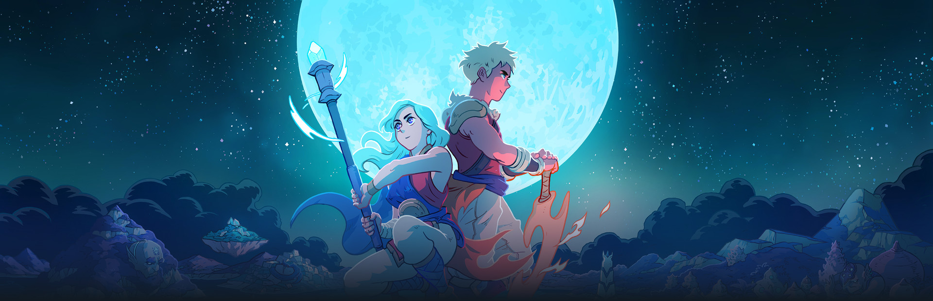 Sea of Stars key art showing the Children of the Solstice from Sabotage Studio's turn-based RPG