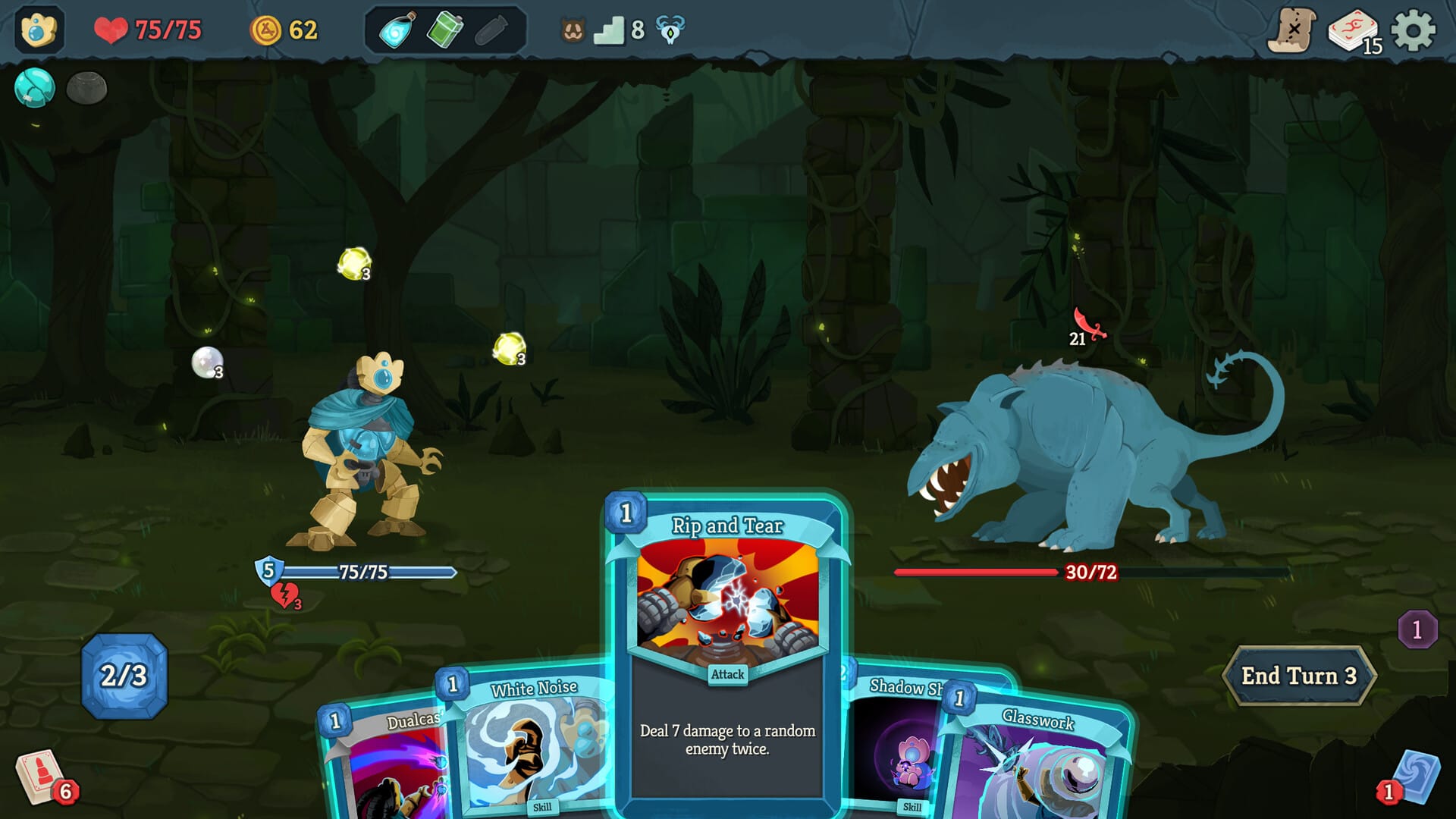 Slay the Spire 2 combat screen showing a hand of cards, energy, relics, and an enemy with telegraphed intent
