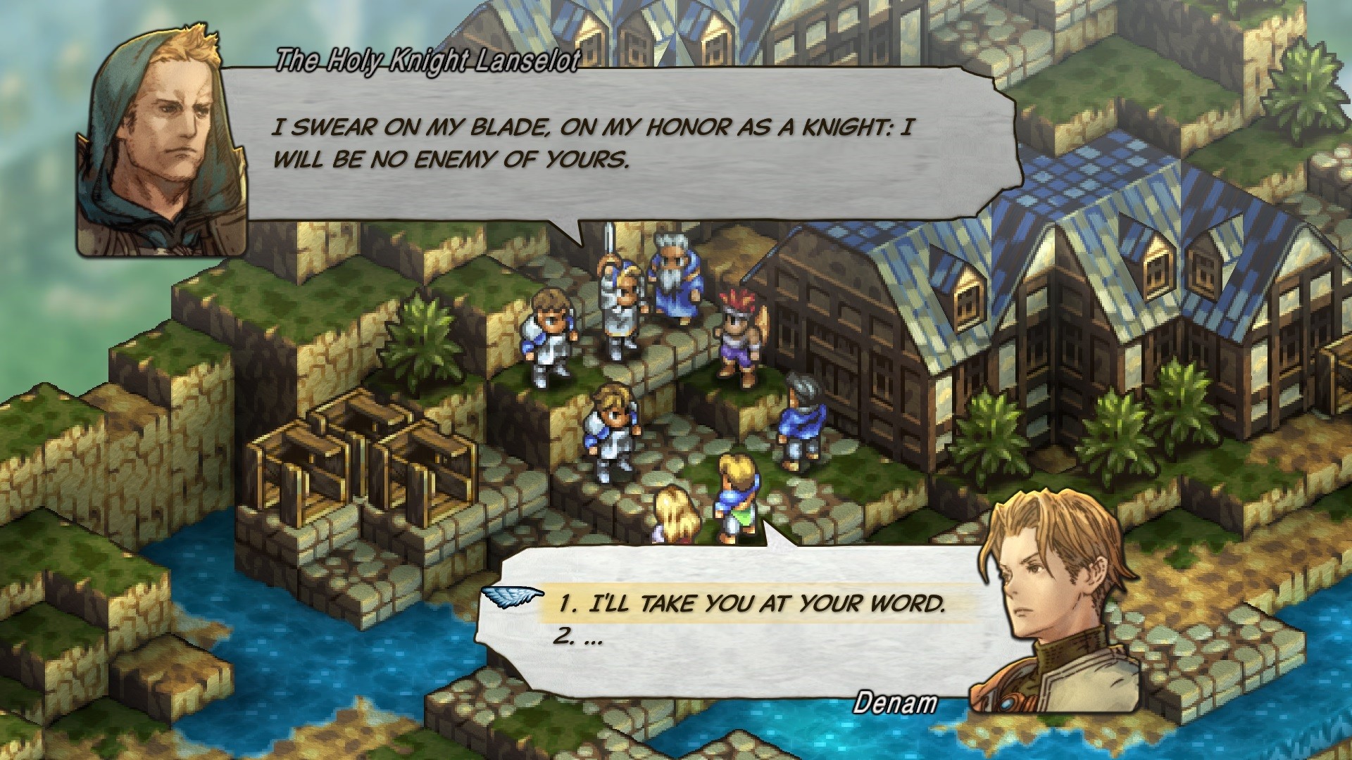 Tactics Ogre Reborn battle on an isometric grid with units positioned across elevated terrain