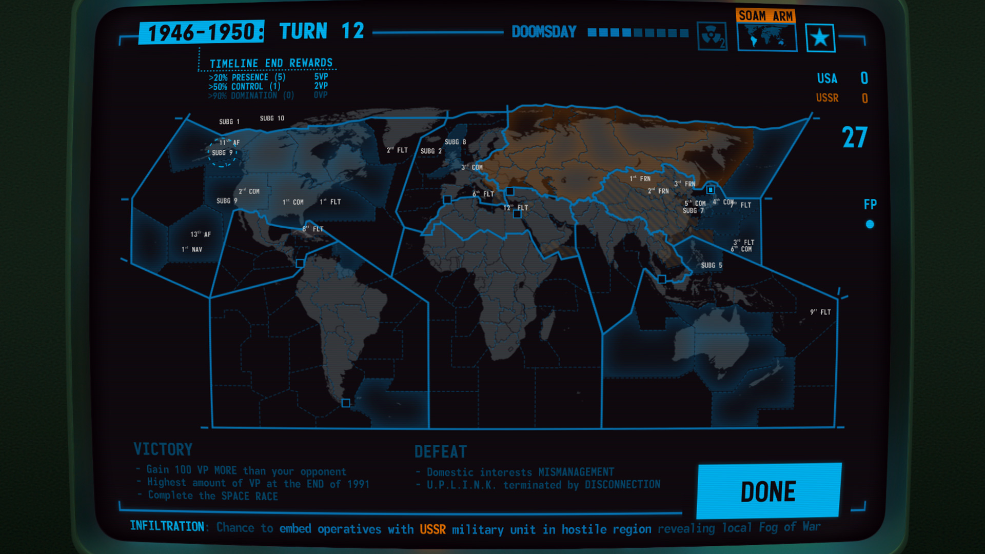 Terminal Conflict gameplay showing a Cold War world map with superpower influence and event cards