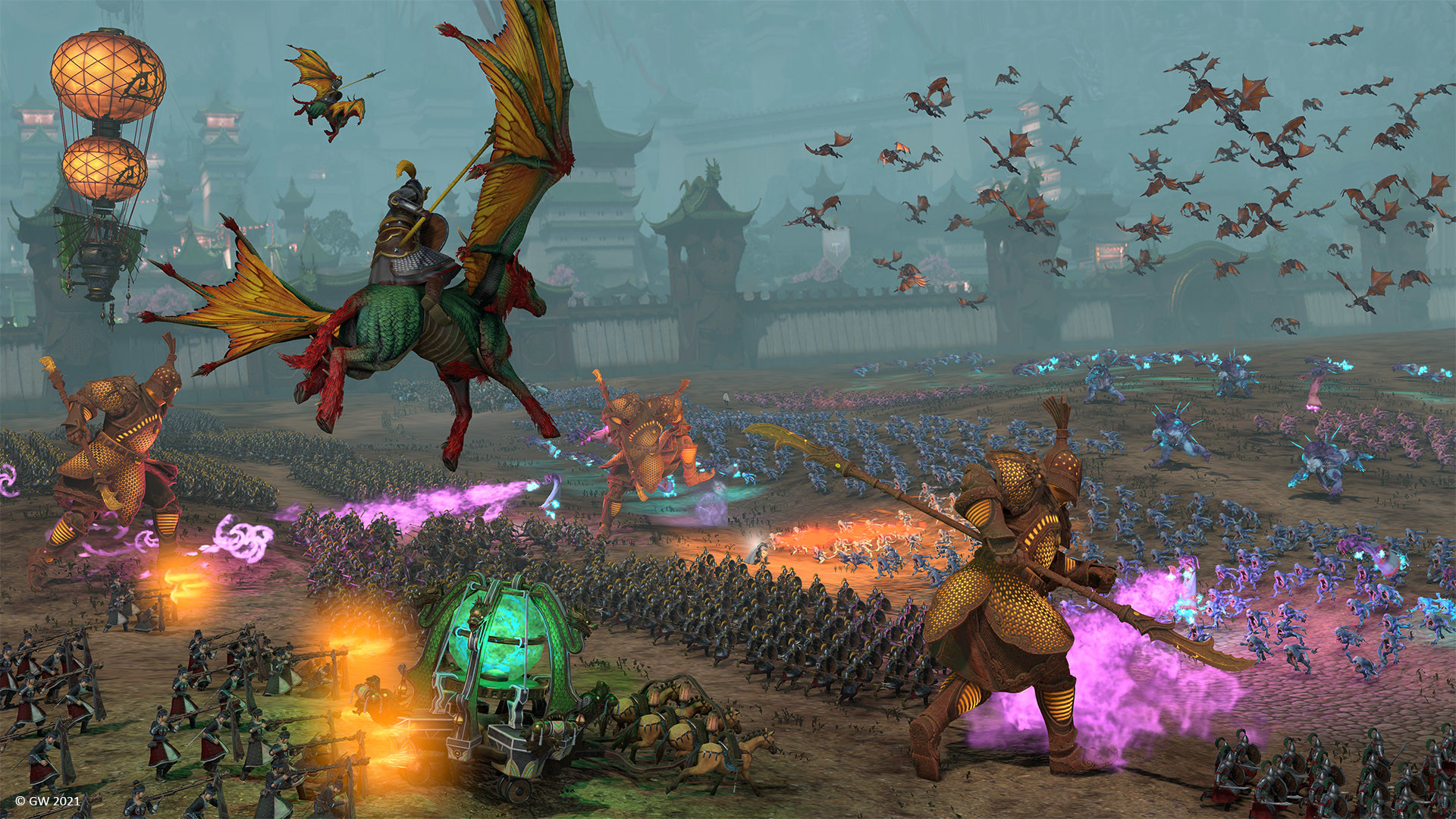 Total War Warhammer III real-time battle with massed fantasy units clashing on a battlefield