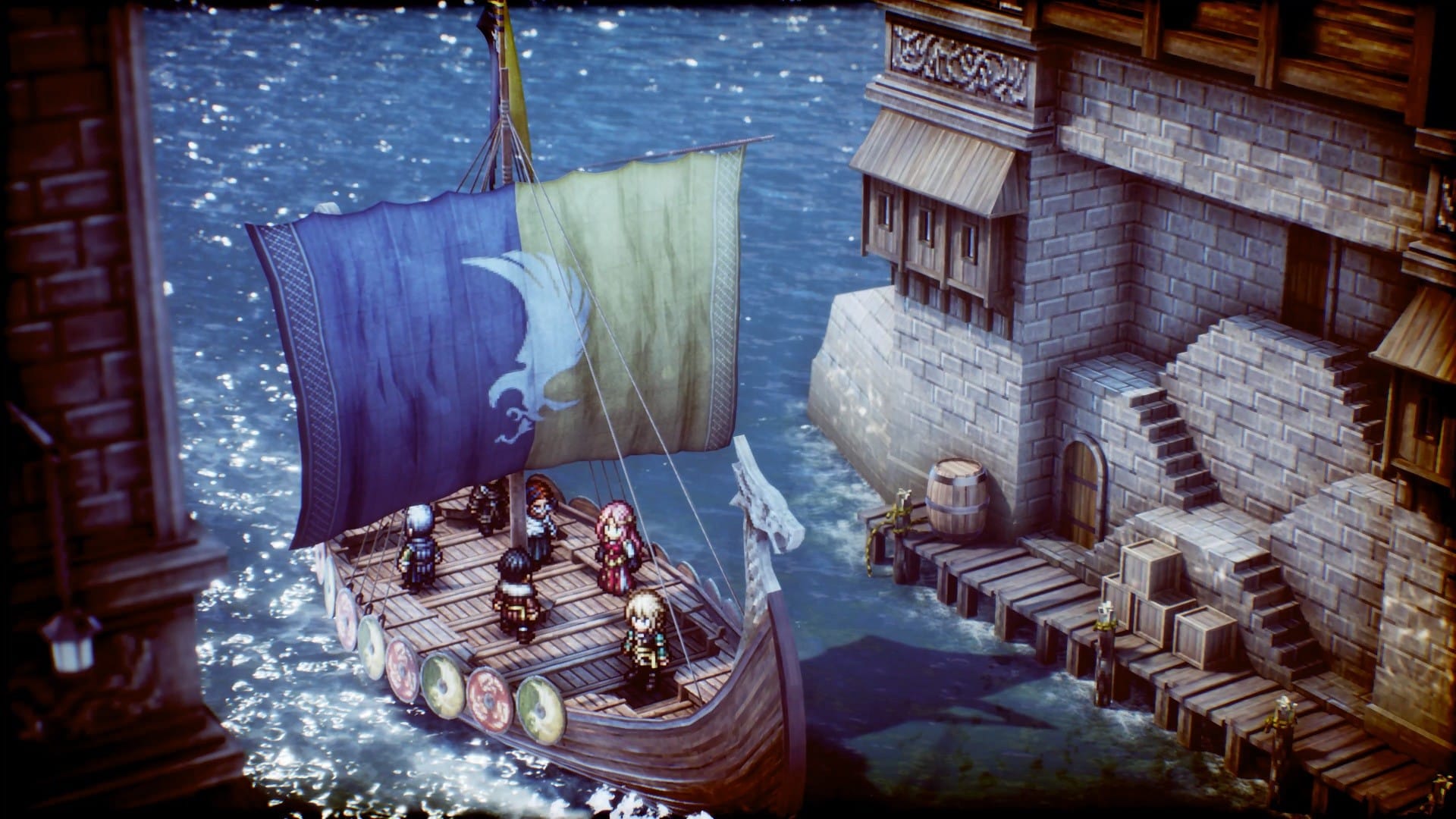 Triangle Strategy HD-2D battle showing units fighting across elevated terrain in a diorama-style map