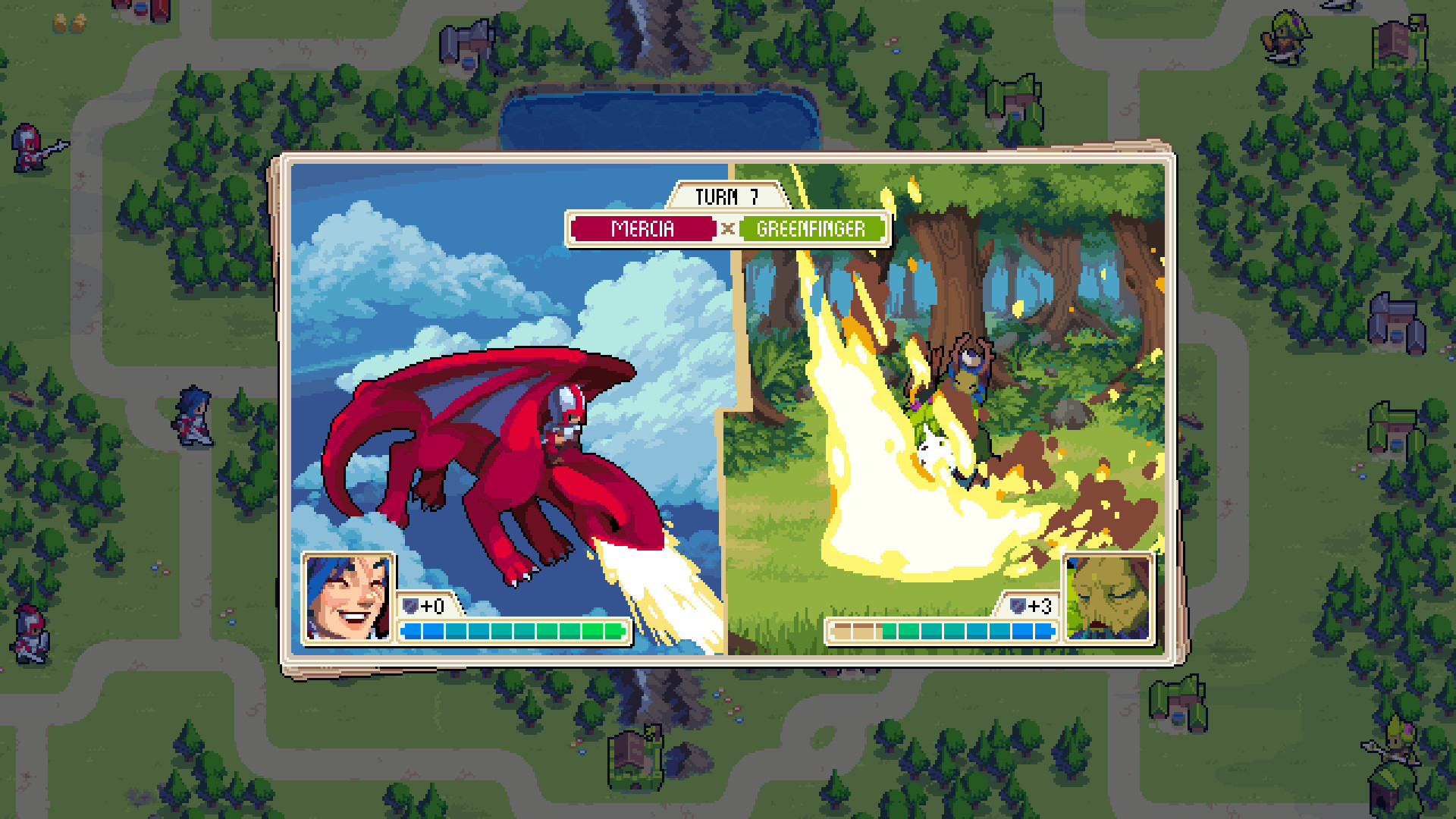 Wargroove gameplay showing grid-based units and commanders fighting over towns and terrain