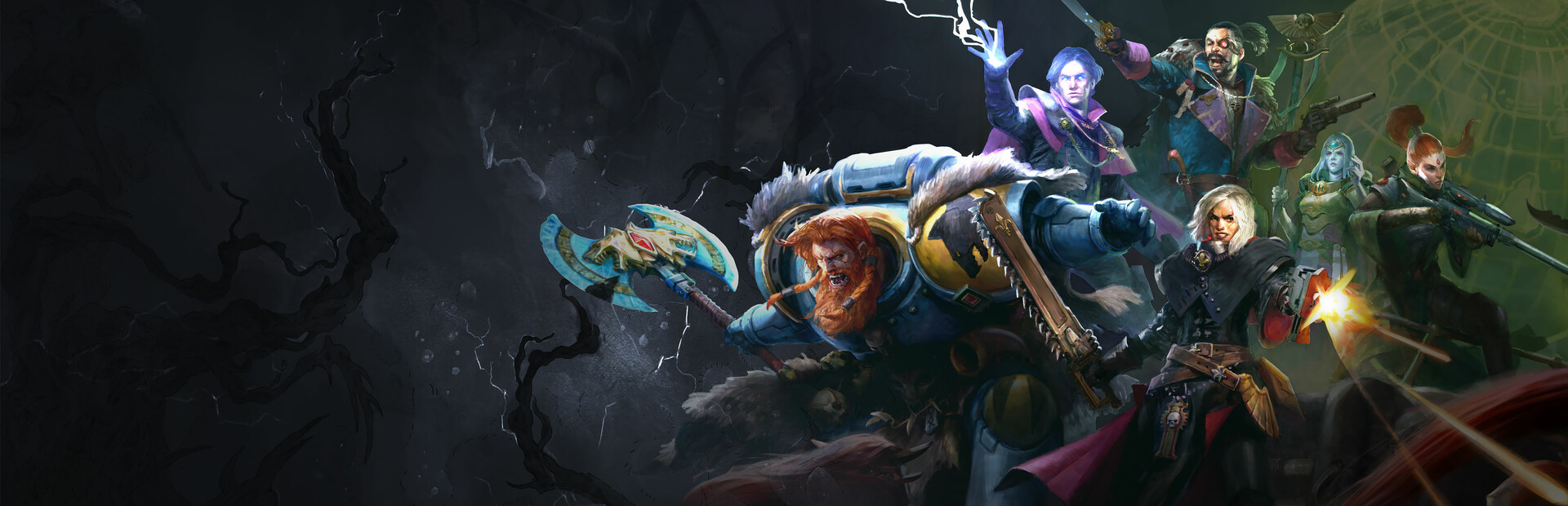 Warhammer 40,000 Rogue Trader key art showing the Rogue Trader and retinue aboard a voidship