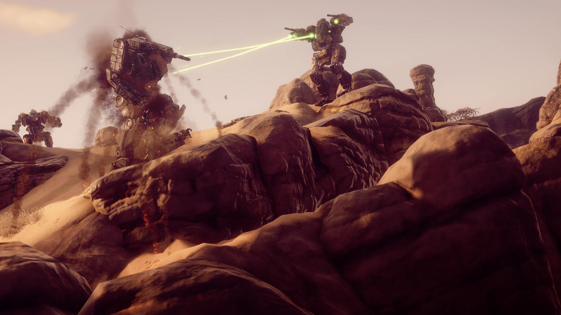 BattleTech mechs trading fire during a lance versus lance skirmish